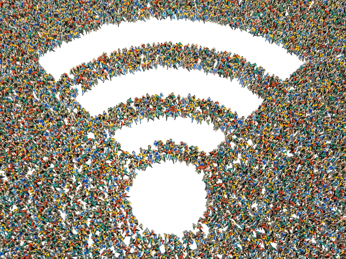 High-density Wi-Fi design principles are illustrated by a large crowd of people forming the Wi-Fi symbol