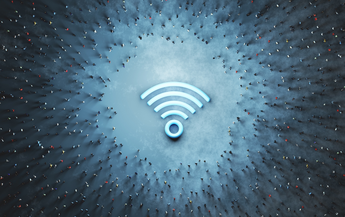 A crowd around the Wi-Fi symbol represents high-density Wi-Fi design principles